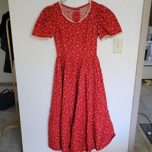 Vintage Hand Made Red micro Print Cottagecore 1960s Prairie Girl Dress SZ M